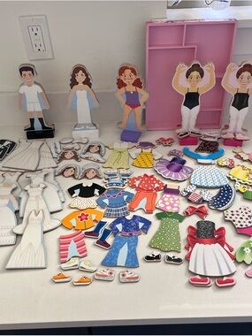 Melissa & Doug HUGE LOT Wooden Magnetic Doll Dress Up Bride Groom Nina Ballerina